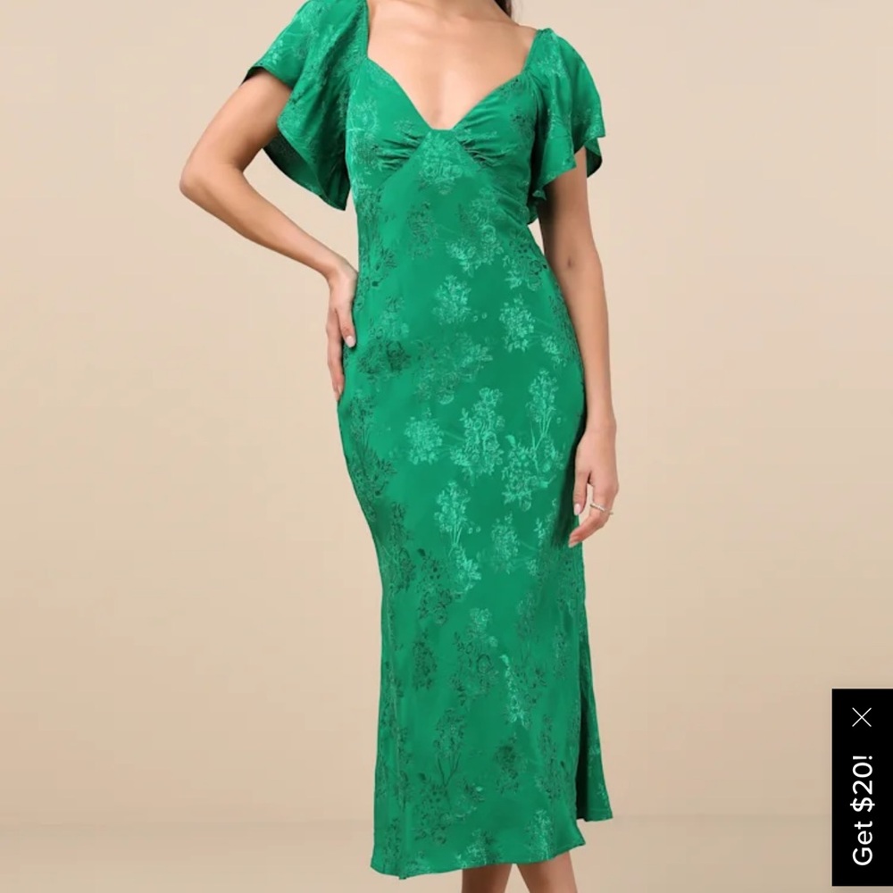 Effervescent Afternoon Green Satin Flutter Sleeve Midi Dress